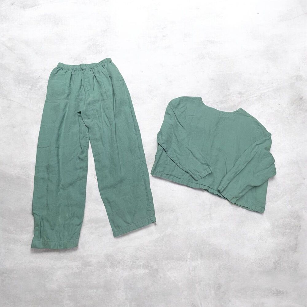 Eileen Fisher Linen Set Blue Buttons Elastic Pockets Women's Size M/L